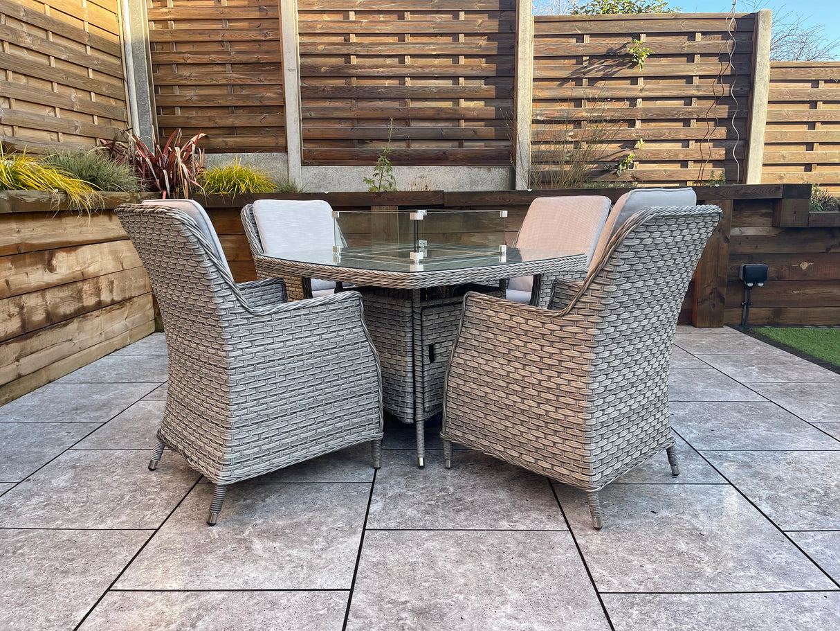 Signature Weave Edwina Four-Seat Square Gas Firepit Dining Set with 4 Dining Chairs – 3 Wicker Special Grey Weave