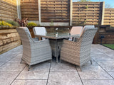 Signature Weave Edwina Four-Seat Square Gas Firepit Dining Set with 4 Dining Chairs – 3 Wicker Special Grey Weave