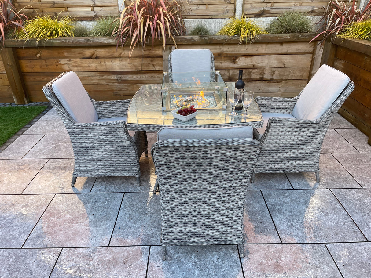 Signature Weave Edwina Four-Seat Square Gas Firepit Dining Set with 4 Dining Chairs – 3 Wicker Special Grey Weave