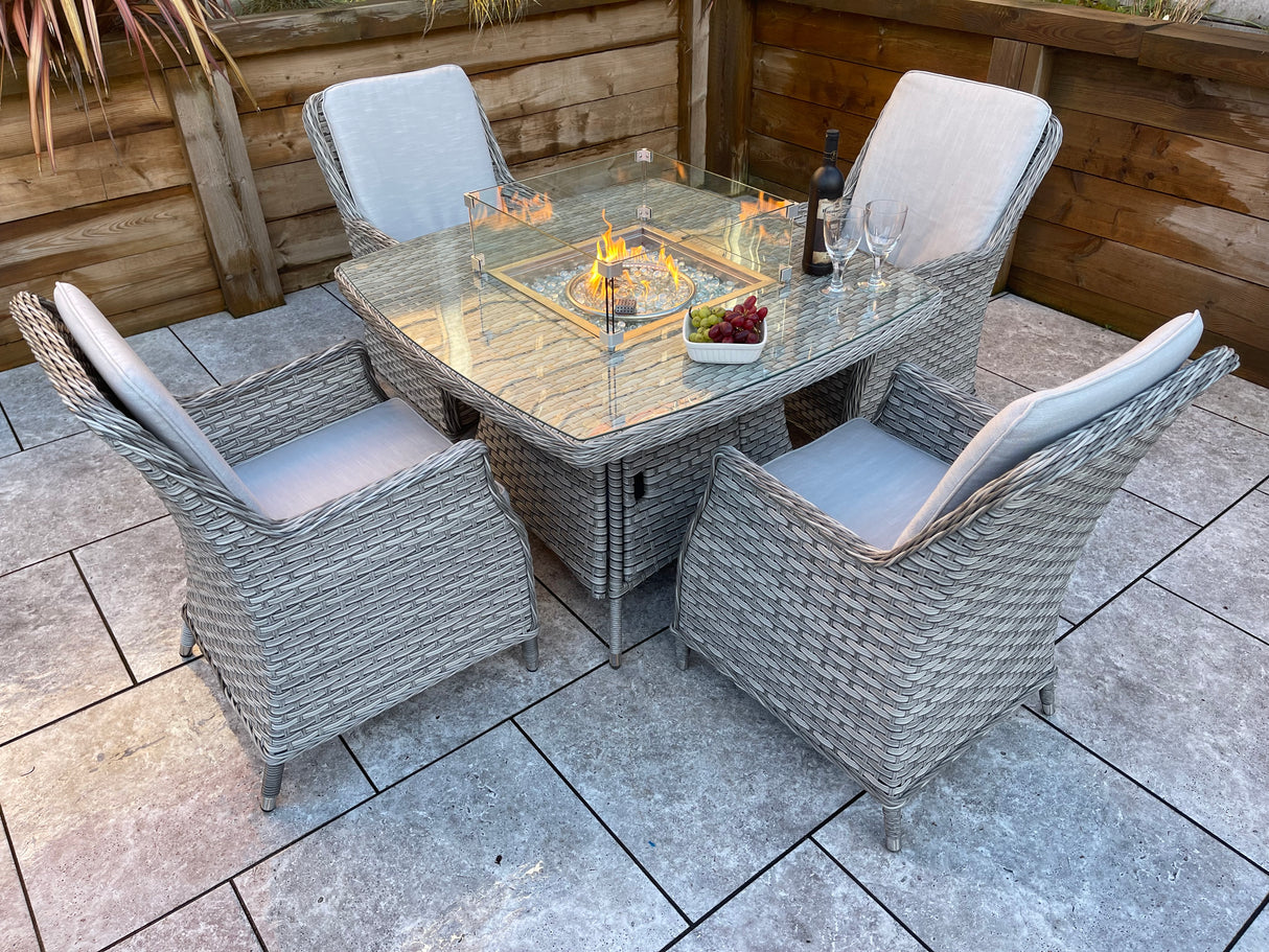 Signature Weave Edwina Four-Seat Square Gas Firepit Dining Set with 4 Dining Chairs – 3 Wicker Special Grey Weave