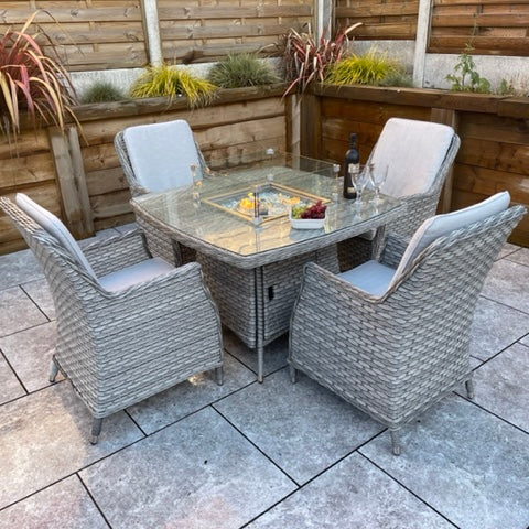 Signature Weave Edwina Four-Seat Square Gas Firepit Dining Set with 4 Dining Chairs – 3 Wicker Special Grey Weave