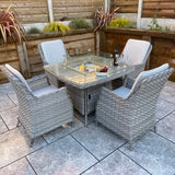 Signature Weave Edwina Four-Seat Square Gas Firepit Dining Set with 4 Dining Chairs – 3 Wicker Special Grey Weave