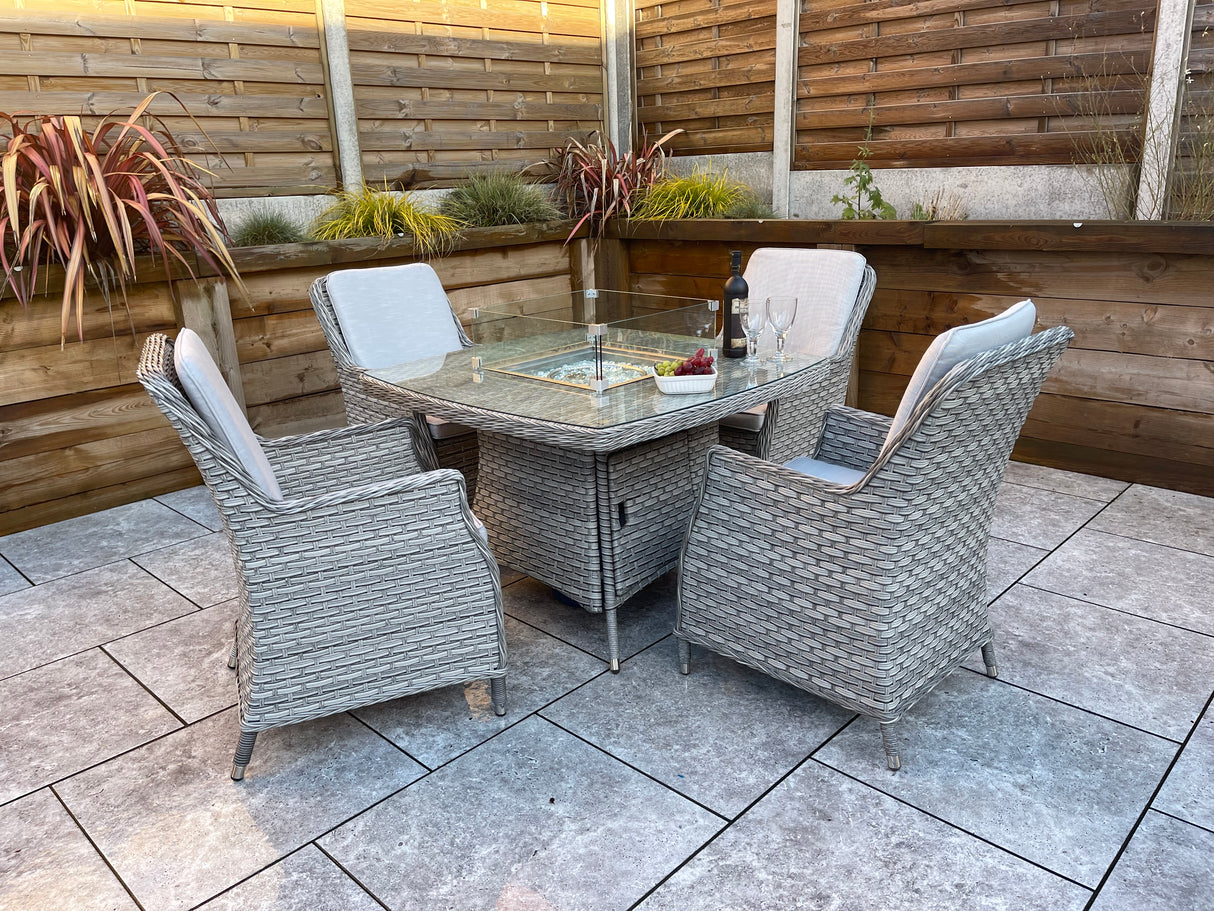 Signature Weave Edwina Four-Seat Square Gas Firepit Dining Set with 4 Dining Chairs – 3 Wicker Special Grey Weave