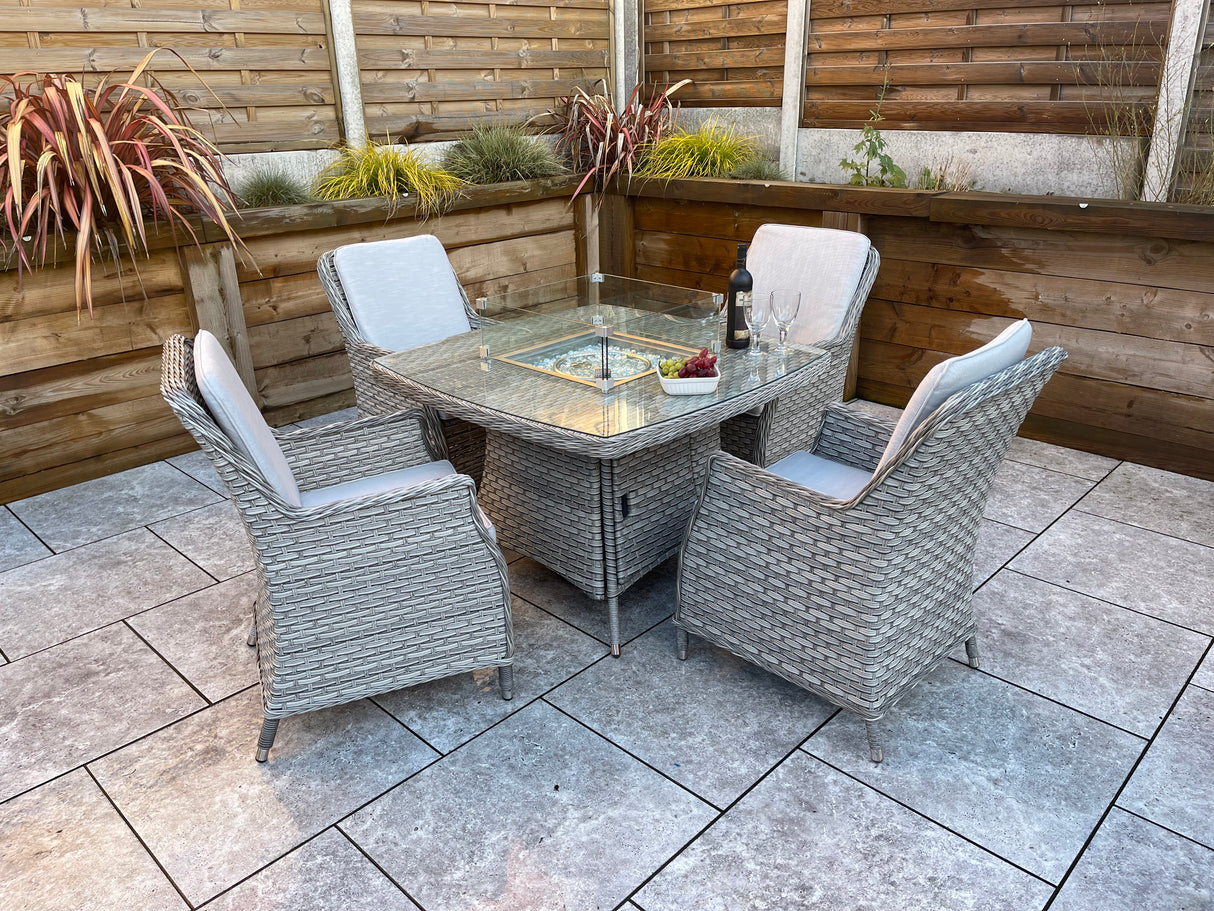 Signature Weave Edwina Four-Seat Square Gas Firepit Dining Set with 4 Dining Chairs – 3 Wicker Special Grey Weave