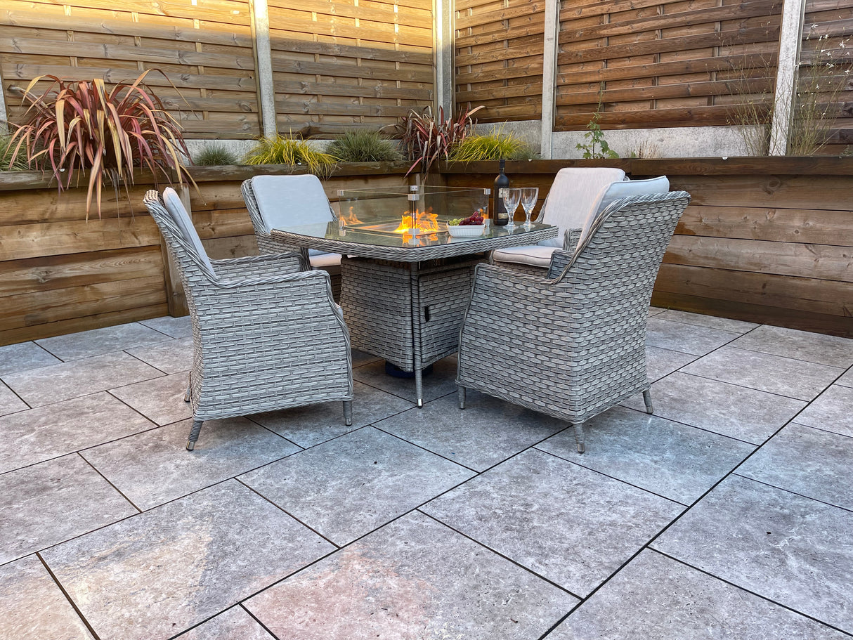 Signature Weave Edwina Four-Seat Square Gas Firepit Dining Set with 4 Dining Chairs – 3 Wicker Special Grey Weave