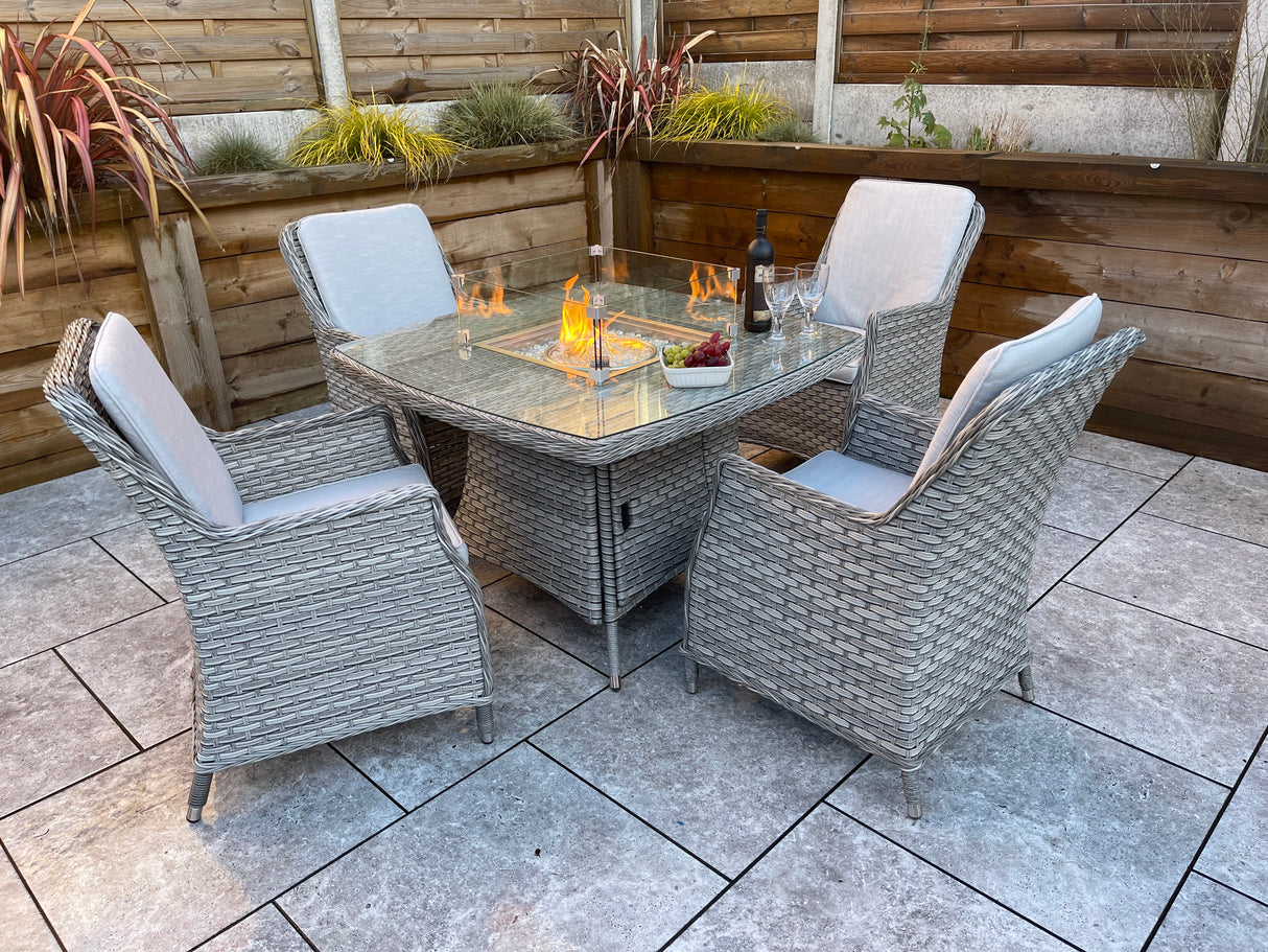 Signature Weave Edwina Four-Seat Square Gas Firepit Dining Set with 4 Dining Chairs – 3 Wicker Special Grey Weave