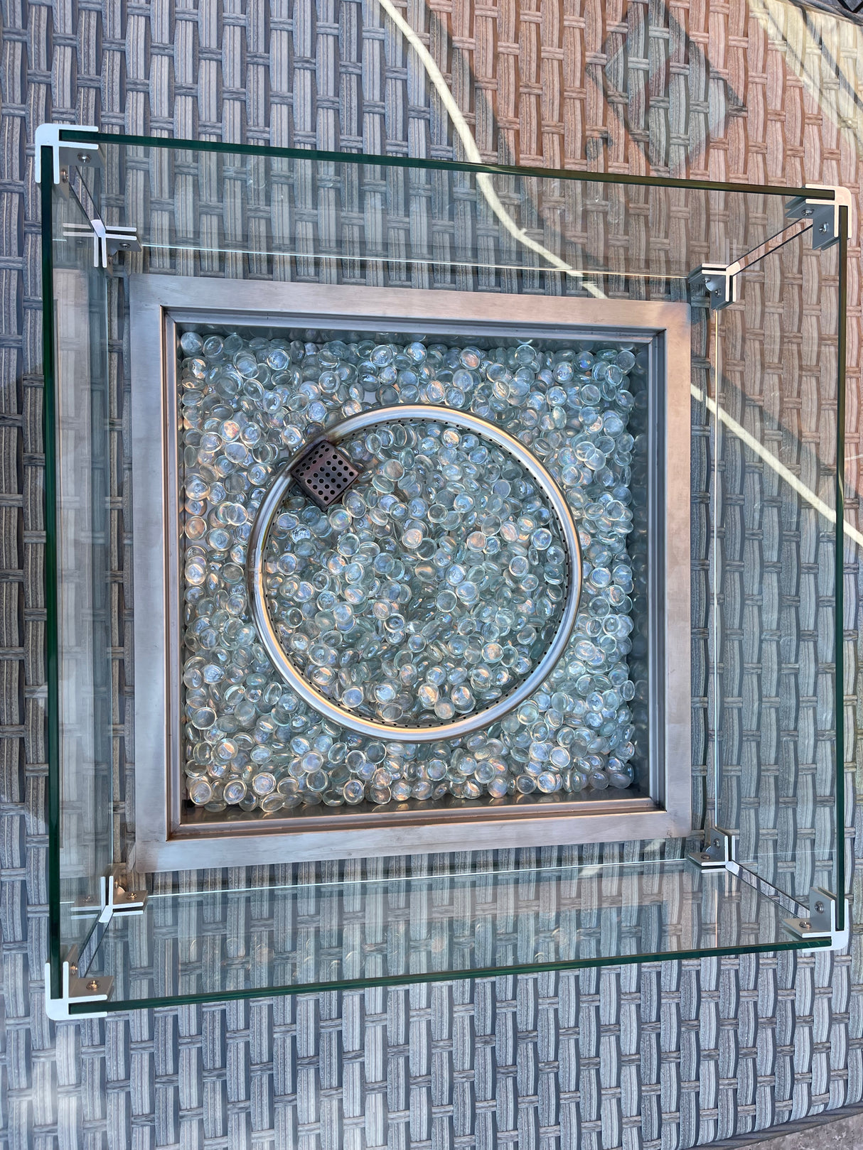 Signature Weave Edwina Four-Seat Square Gas Firepit Table – 3 Wicker Special Grey Weave