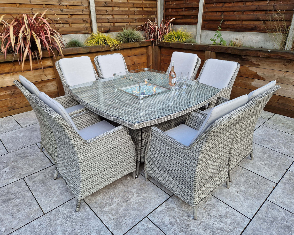 Signature Weave Edwina Eight-Seat Square Gas Firepit Dining Set with 8 Dining Chairs – 3 Wicker Special Grey Weave