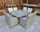 Signature Weave Edwina Eight-Seat Square Gas Firepit Dining Set with 8 Dining Chairs – 3 Wicker Special Grey Weave