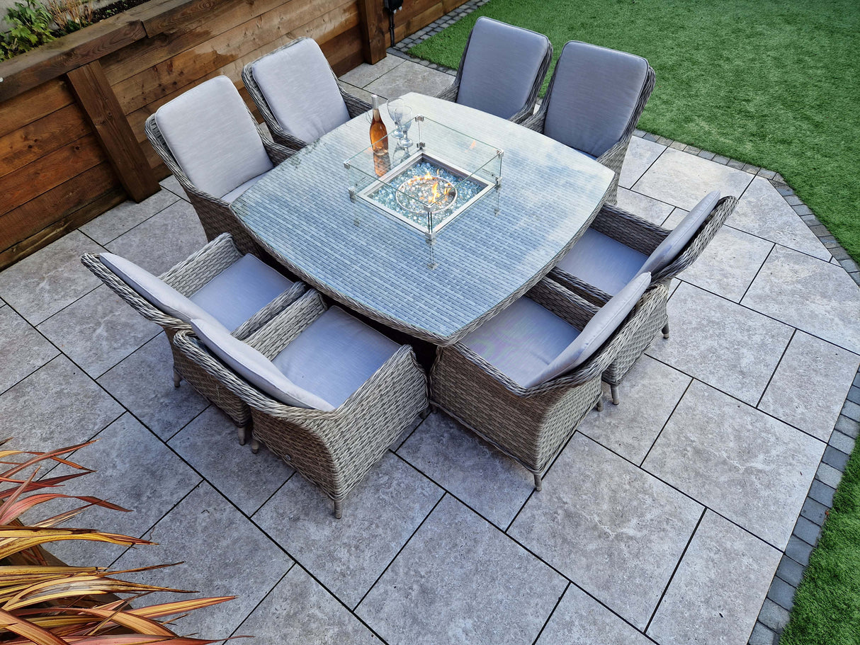 Signature Weave Edwina Eight-Seat Square Gas Firepit Dining Set with 8 Dining Chairs – 3 Wicker Special Grey Weave