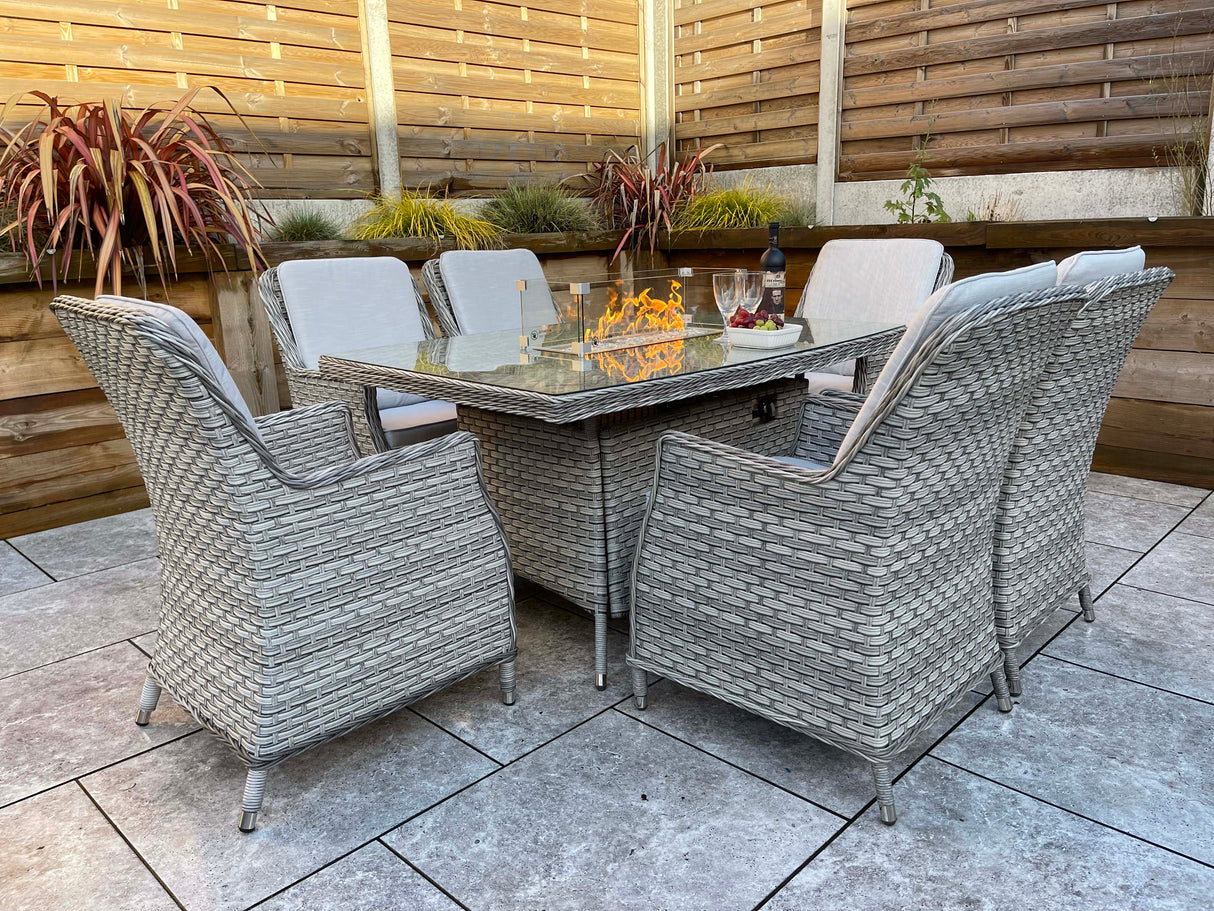 Signature Weave Edwina Six-Seat Rectangular Gas Firepit Dining Set with 6 Dining Chairs – 3 Wicker Special Grey Weave