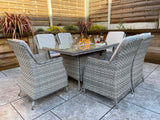 Signature Weave Edwina Six-Seat Rectangular Gas Firepit Dining Set with 6 Dining Chairs – 3 Wicker Special Grey Weave