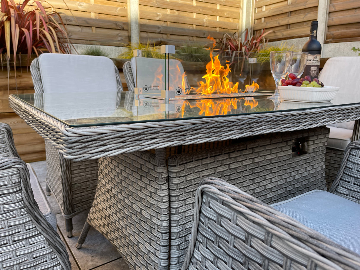 Signature Weave Edwina Six-Seat Rectangular Gas Firepit Dining Set with 6 Dining Chairs – 3 Wicker Special Grey Weave