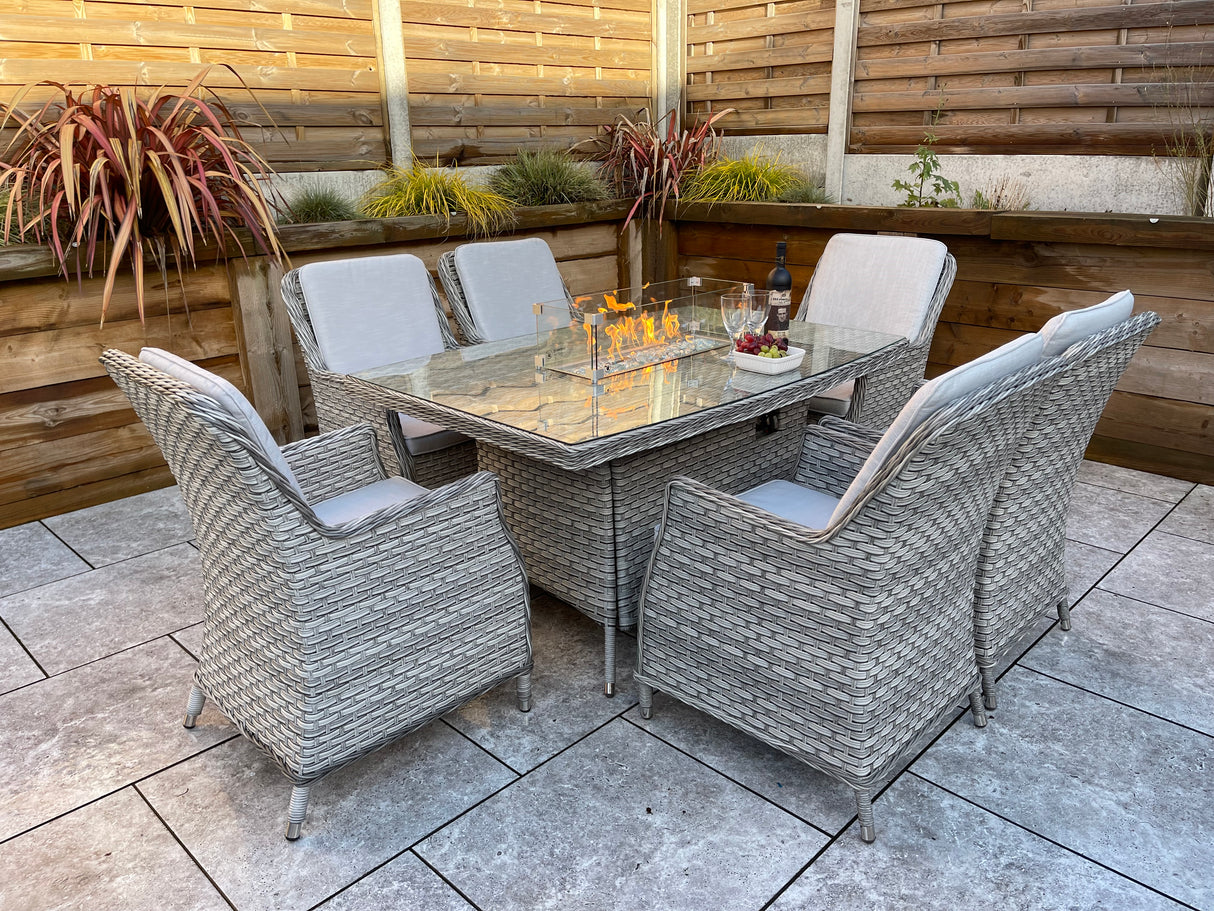 Signature Weave Edwina Six-Seat Rectangular Gas Firepit Dining Set with 6 Dining Chairs – 3 Wicker Special Grey Weave