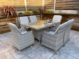 Signature Weave Edwina Six-Seat Rectangular Gas Firepit Dining Set with 6 Dining Chairs – 3 Wicker Special Grey Weave