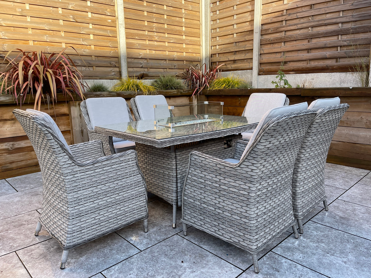 Signature Weave Edwina Six-Seat Rectangular Gas Firepit Dining Set with 6 Dining Chairs – 3 Wicker Special Grey Weave