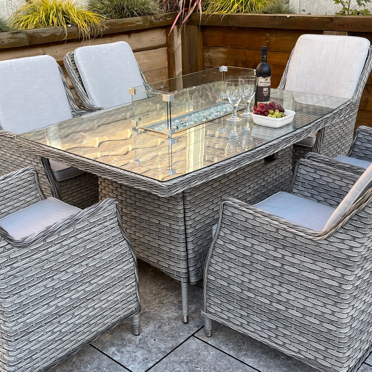 Signature Weave Edwina Six-Seat Rectangular Gas Firepit Table – 3 Wicker Special Grey Weave