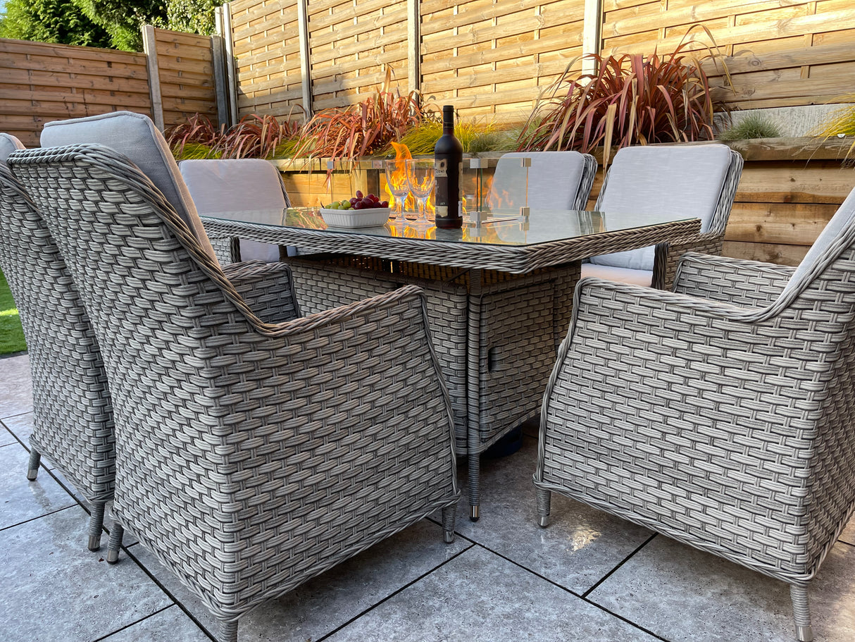 Signature Weave Edwina Six-Seat Rectangular Gas Firepit Dining Set with 6 Dining Chairs – 3 Wicker Special Grey Weave