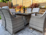 Signature Weave Edwina Six-Seat Rectangular Gas Firepit Dining Set with 6 Dining Chairs – 3 Wicker Special Grey Weave