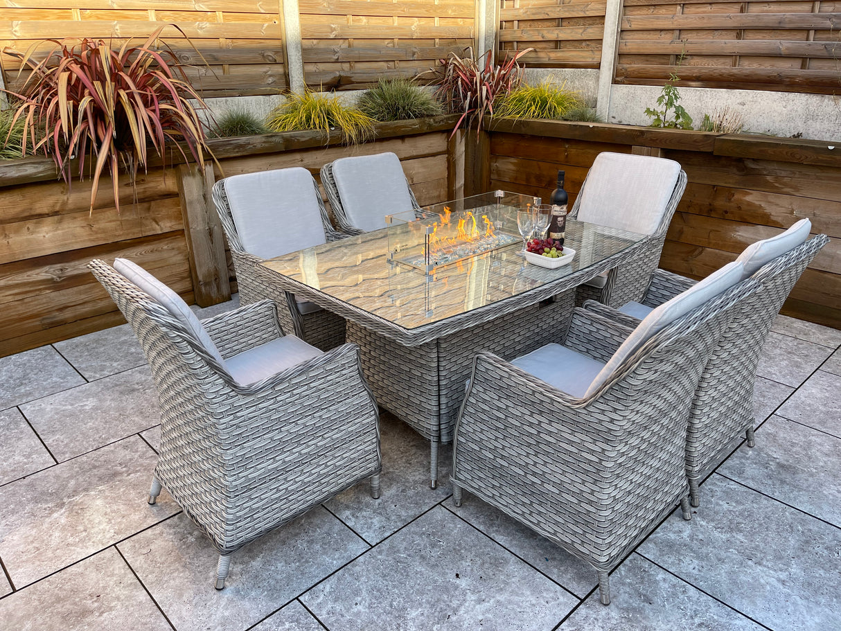 Signature Weave Edwina Six-Seat Rectangular Gas Firepit Dining Set with 6 Dining Chairs – 3 Wicker Special Grey Weave