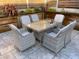 Signature Weave Edwina Six-Seat Rectangular Gas Firepit Dining Set with 6 Dining Chairs – 3 Wicker Special Grey Weave