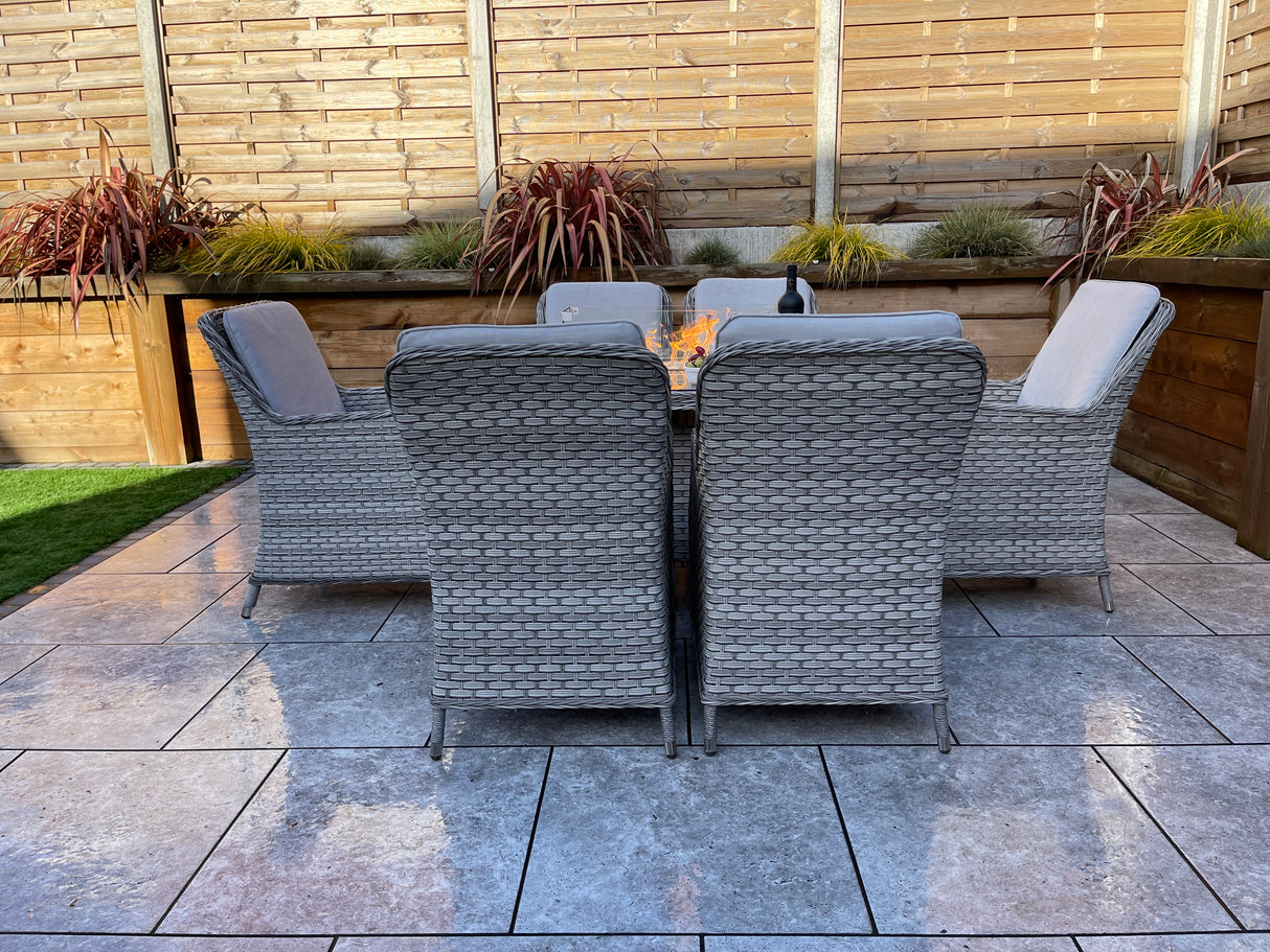 Signature Weave Edwina Six-Seat Rectangular Gas Firepit Dining Set with 6 Dining Chairs – 3 Wicker Special Grey Weave