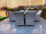 Signature Weave Edwina Six-Seat Rectangular Gas Firepit Dining Set with 6 Dining Chairs – 3 Wicker Special Grey Weave