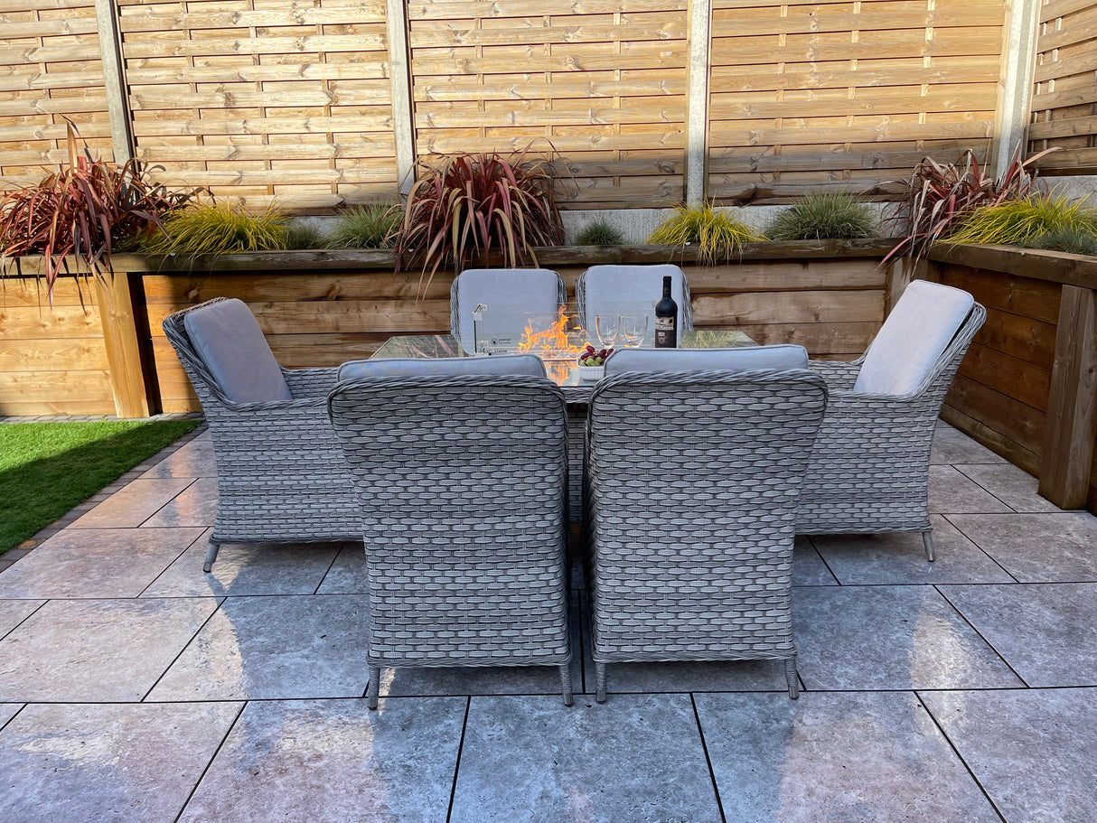 Signature Weave Edwina Six-Seat Rectangular Gas Firepit Dining Set with 6 Dining Chairs – 3 Wicker Special Grey Weave