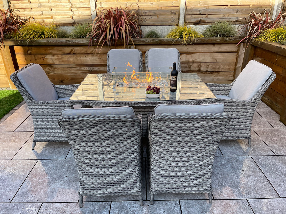 Signature Weave Edwina Six-Seat Rectangular Gas Firepit Dining Set with 6 Dining Chairs – 3 Wicker Special Grey Weave