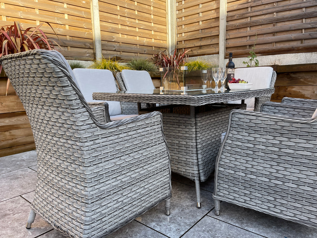 Signature Weave Edwina Six-Seat Rectangular Gas Firepit Dining Set with 6 Dining Chairs – 3 Wicker Special Grey Weave