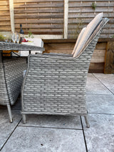 Signature Weave Edwina Six-Seat Rectangular Gas Firepit Dining Set with 6 Dining Chairs – 3 Wicker Special Grey Weave