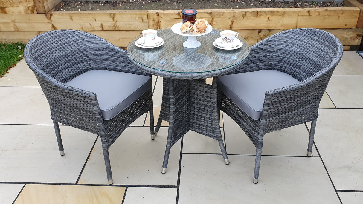 Signature Weave Emily Round Bistro Table Set with 2 Stacking Chairs – 8mm Flat Grey Weave