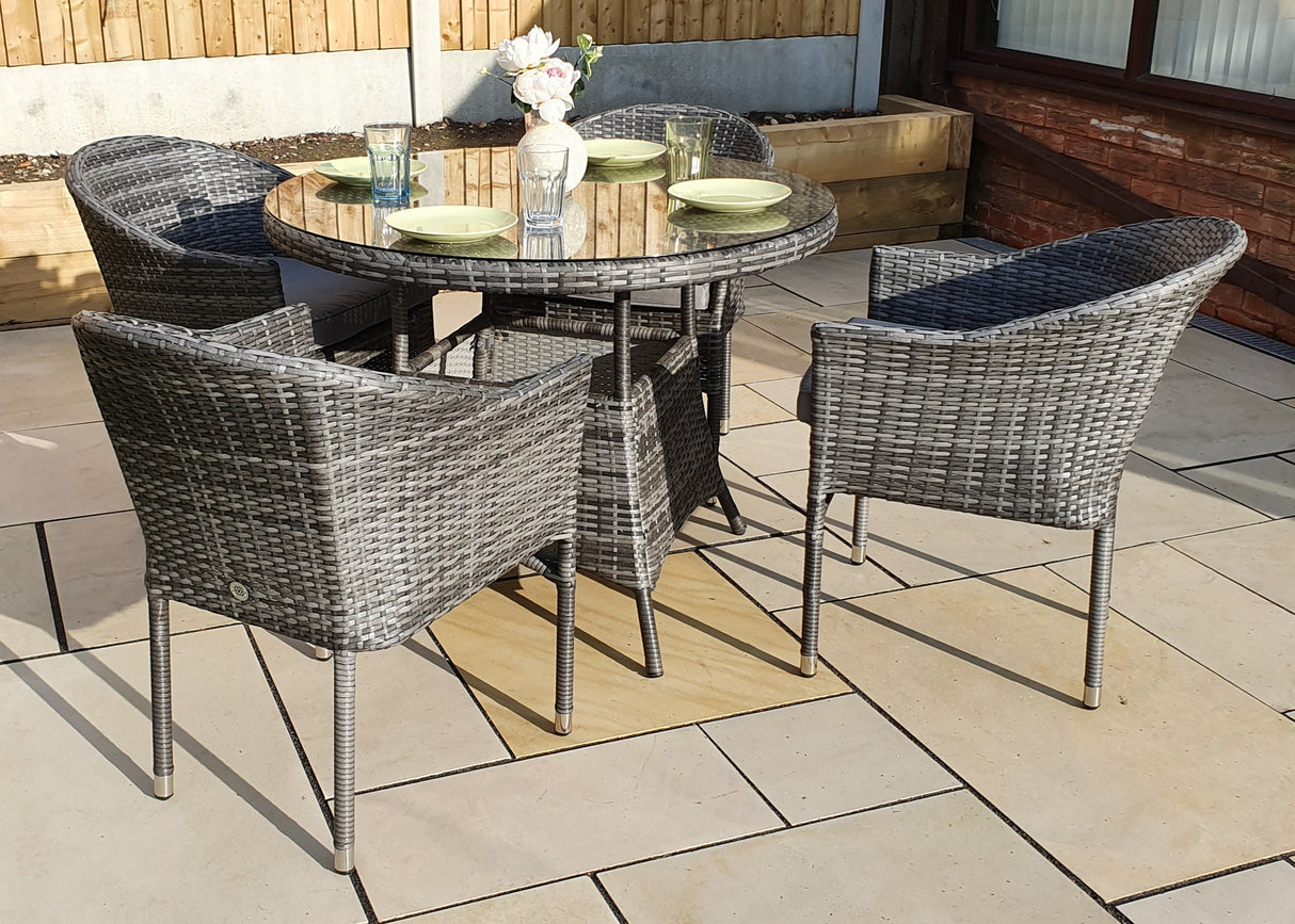 Signature Weave Emily 100cm Round Table Four-Seat Dining Set with 4 Stacking Chairs – 8mm Flat Grey Weave