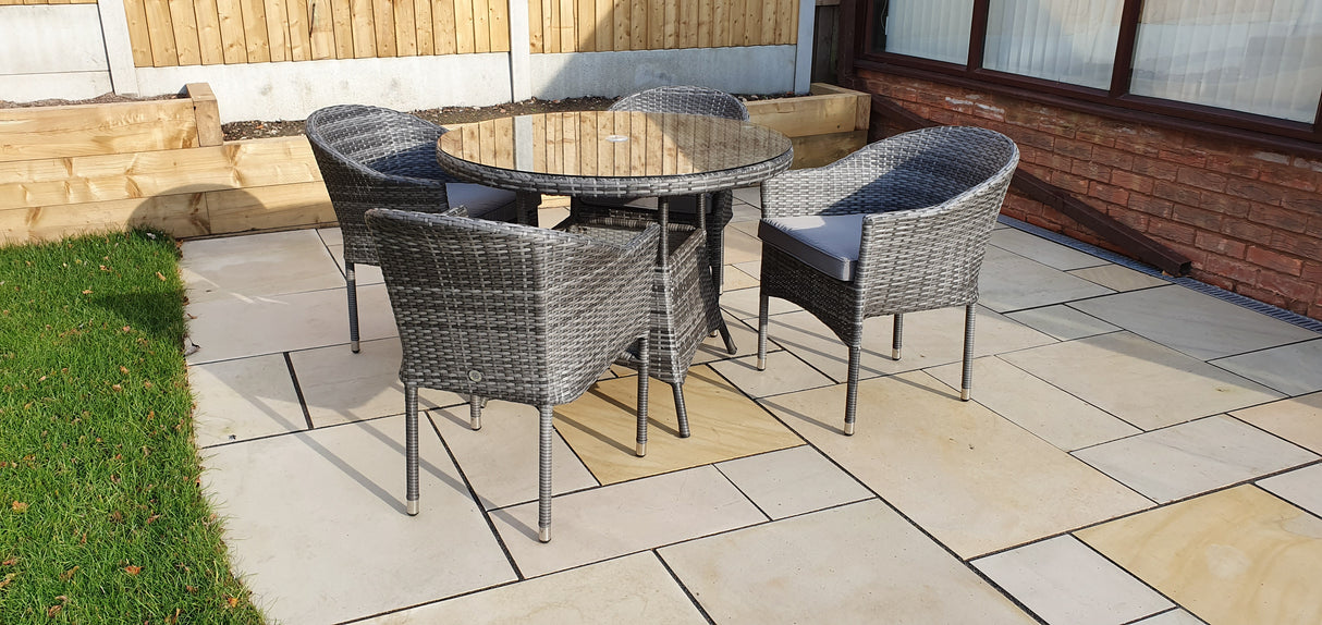 Signature Weave Emily 100cm Round Table Four-Seat Dining Set with 4 Stacking Chairs – 8mm Flat Grey Weave