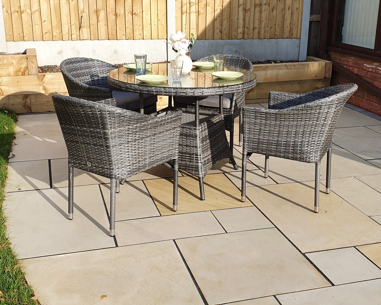Signature Weave Emily 100cm Round Table Four-Seat Dining Set with 4 Stacking Chairs – 8mm Flat Grey Weave