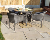 Signature Weave Emily 100cm Round Table Four-Seat Dining Set with 4 Stacking Chairs – 8mm Flat Grey Weave