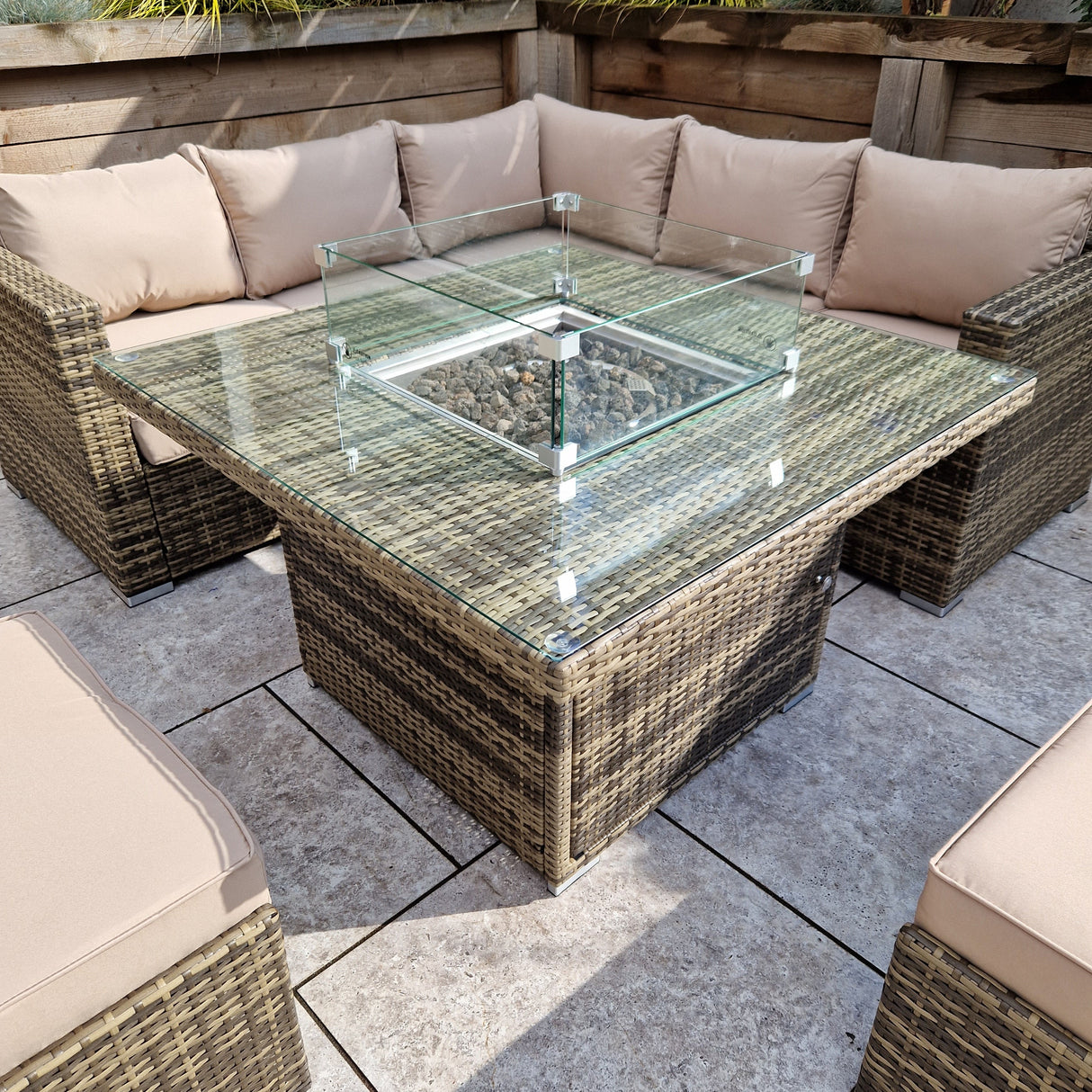 Signature Weave Georgia Six-Seat Corner Sofa Dining Set with Gas Firepit Table and 2 Ottomans - Mixed Brown