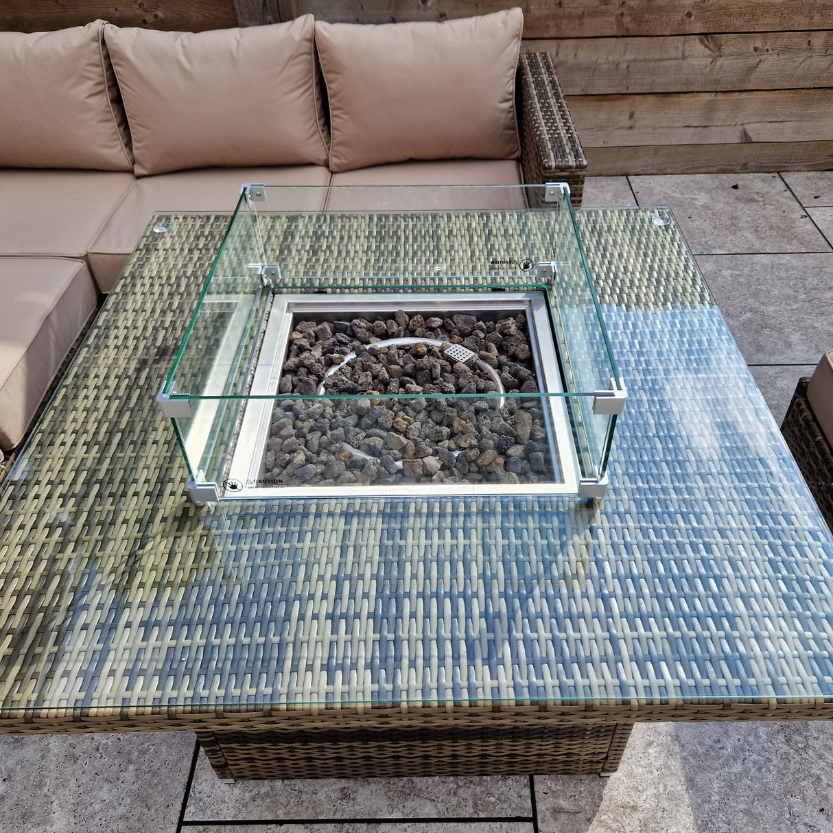 Signature Weave Georgia Six-Seat Corner Sofa Dining Set with Gas Firepit Table and 2 Ottomans - Mixed Brown