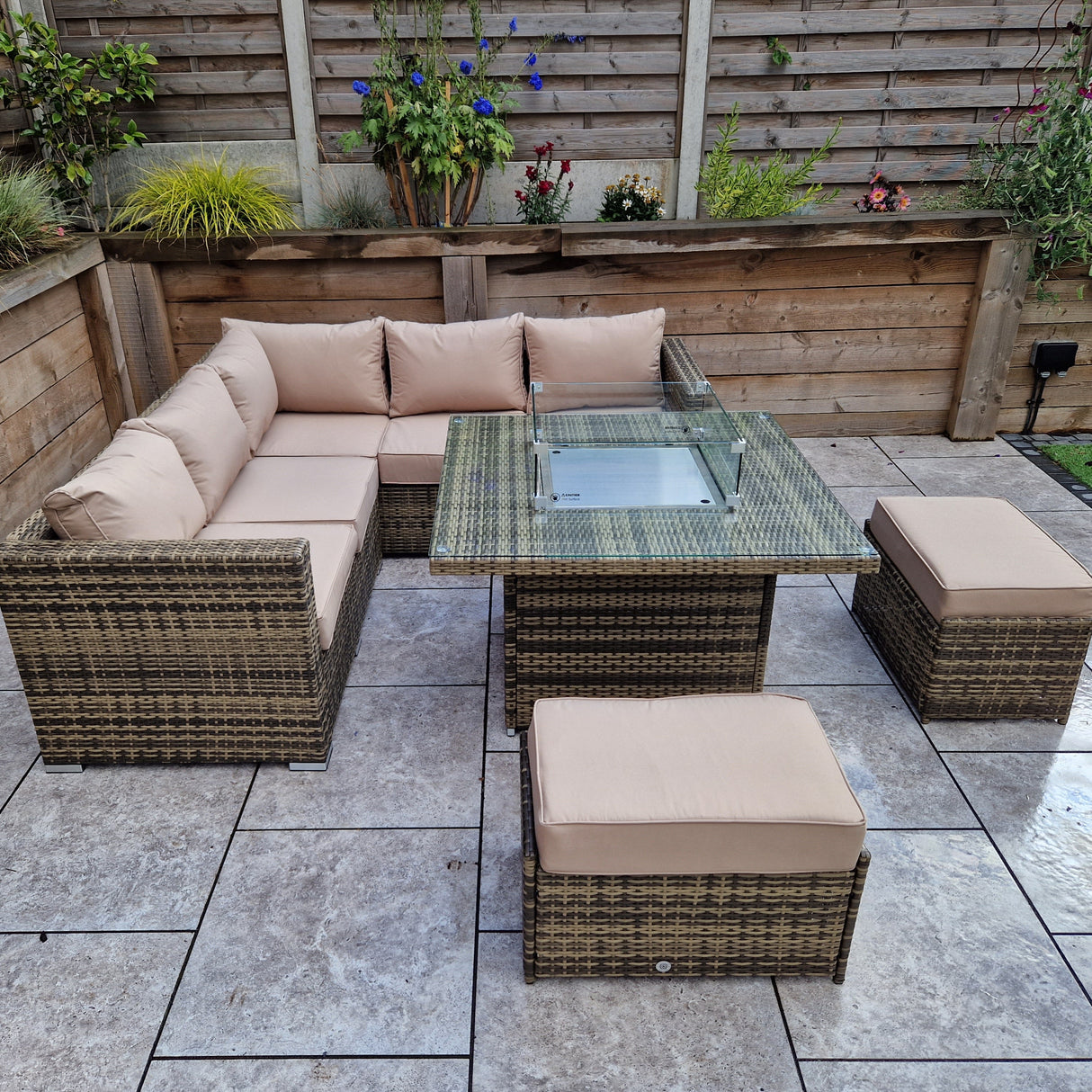 Signature Weave Georgia Six-Seat Corner Sofa Dining Set with Gas Firepit Table and 2 Ottomans - Mixed Brown