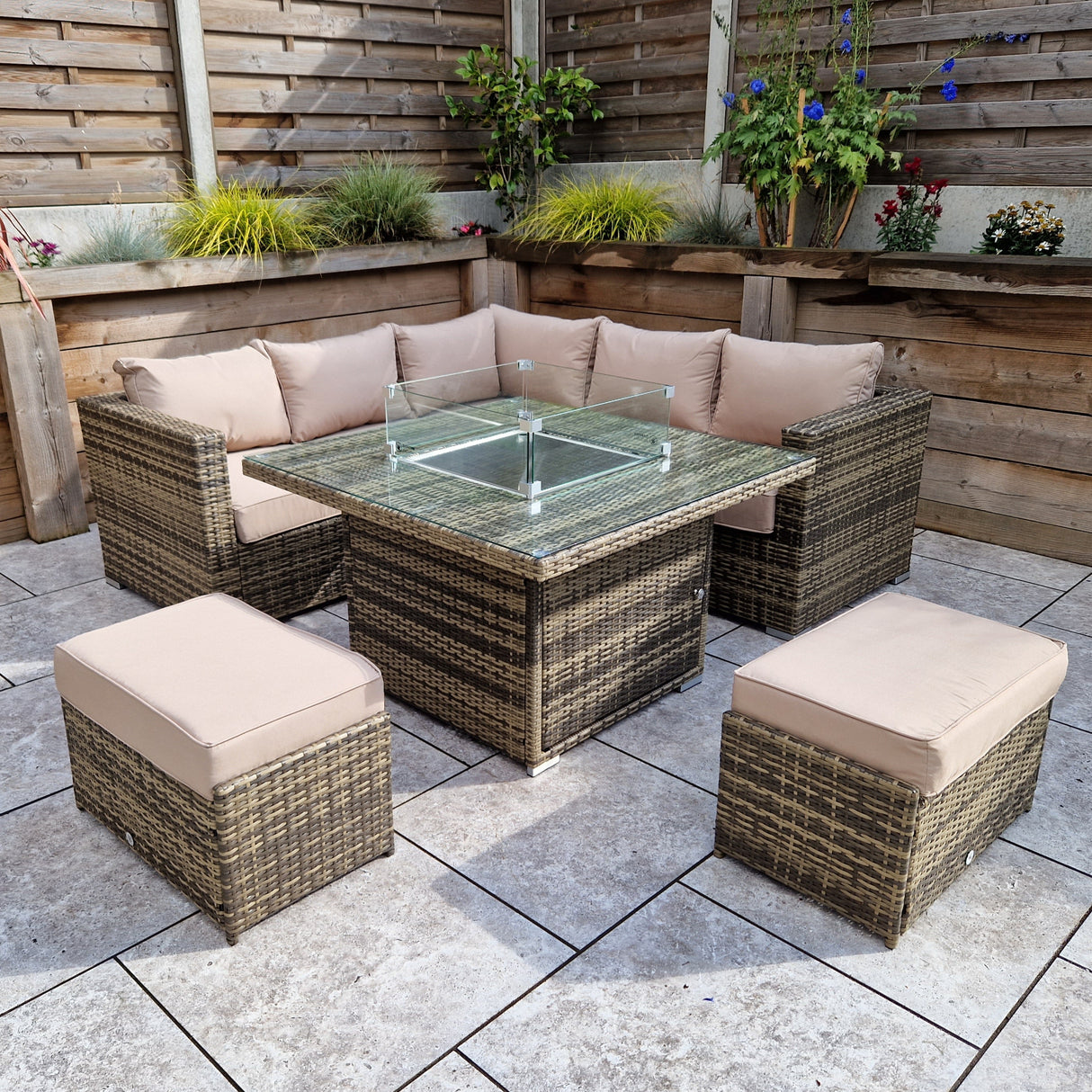 Signature Weave Georgia Six-Seat Corner Sofa Dining Set with Gas Firepit Table and 2 Ottomans - Mixed Brown