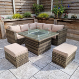 Signature Weave Georgia Six-Seat Corner Sofa Dining Set with Gas Firepit Table and 2 Ottomans - Mixed Brown