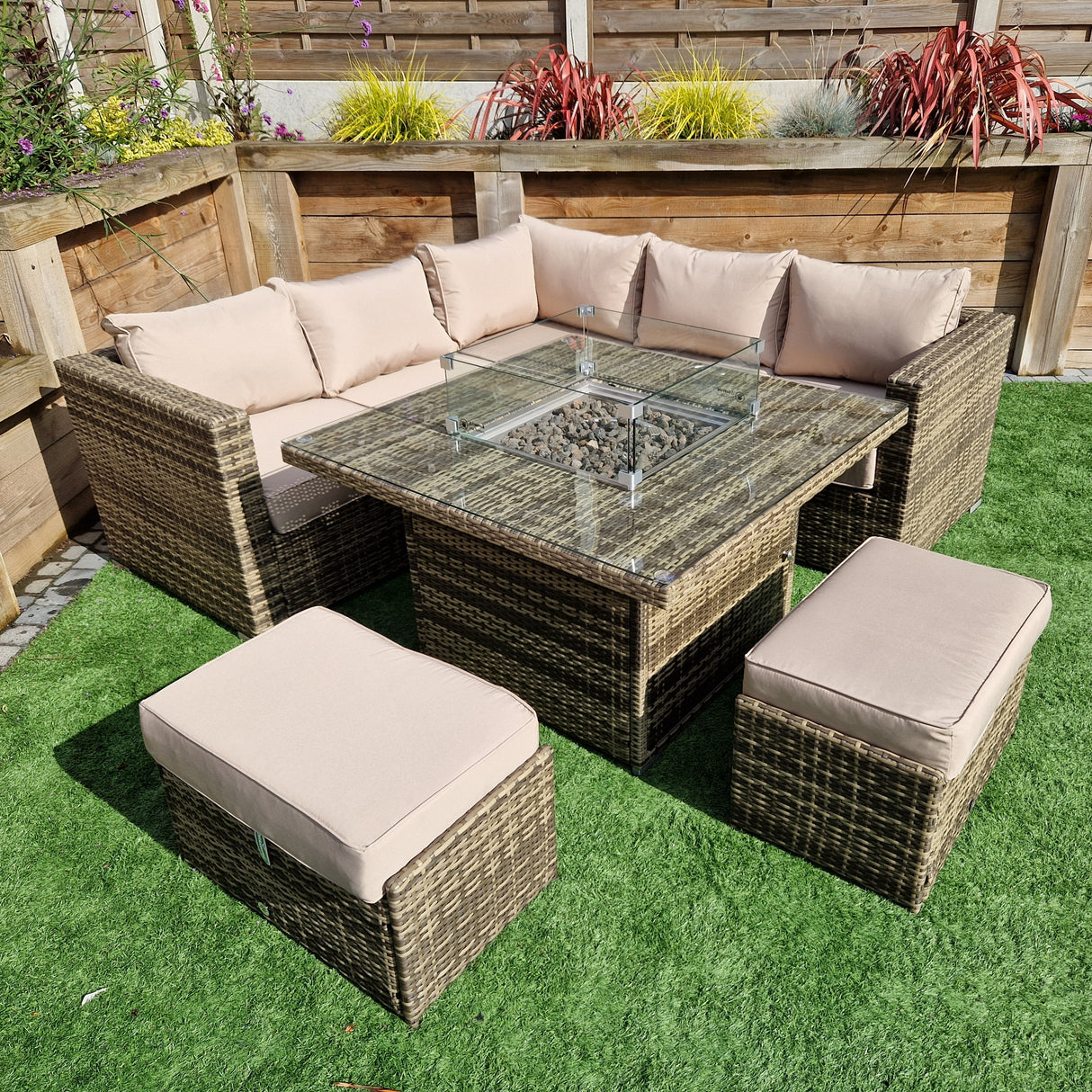 Signature Weave Georgia Six-Seat Corner Sofa Dining Set with Gas Firepit Table and 2 Ottomans - Mixed Brown