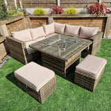 Signature Weave Georgia Six-Seat Corner Sofa Dining Set with Gas Firepit Table and 2 Ottomans - Mixed Brown