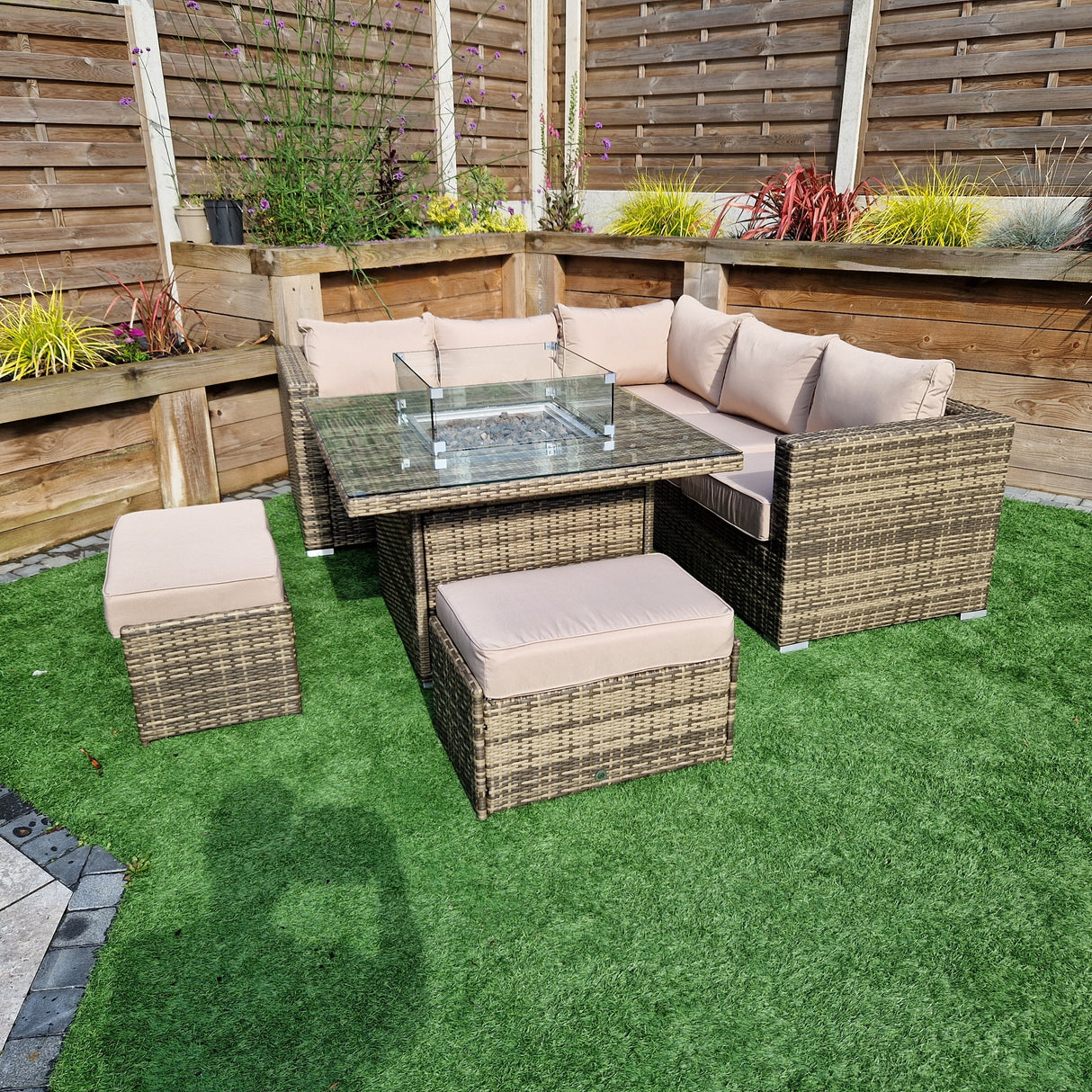 Signature Weave Georgia Six-Seat Corner Sofa Dining Set with Gas Firepit Table and 2 Ottomans - Mixed Brown