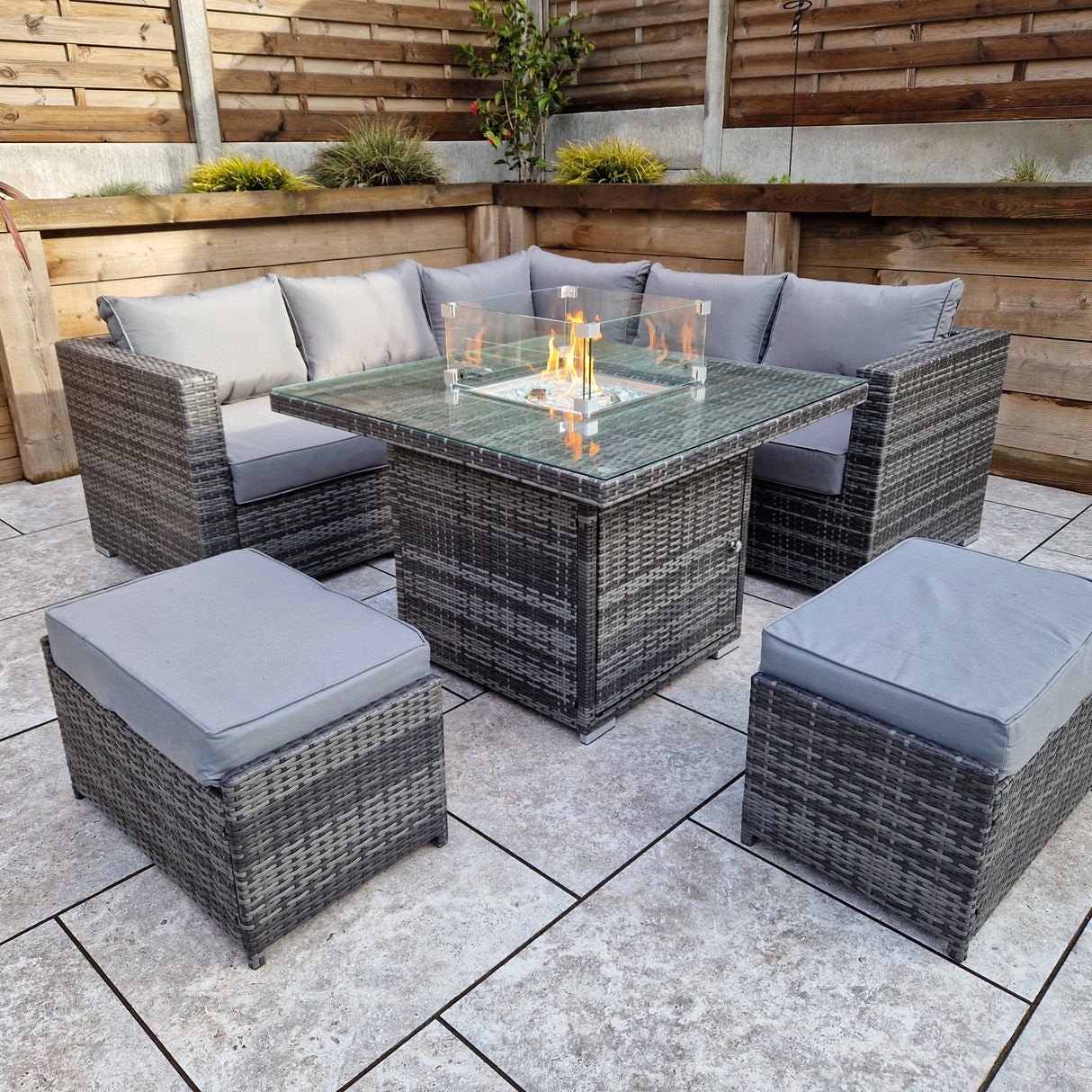 Signature Weave Georgia Six-Seat Corner Sofa Dining Set with Gas Firepit Table and 2 Ottomans - Grey