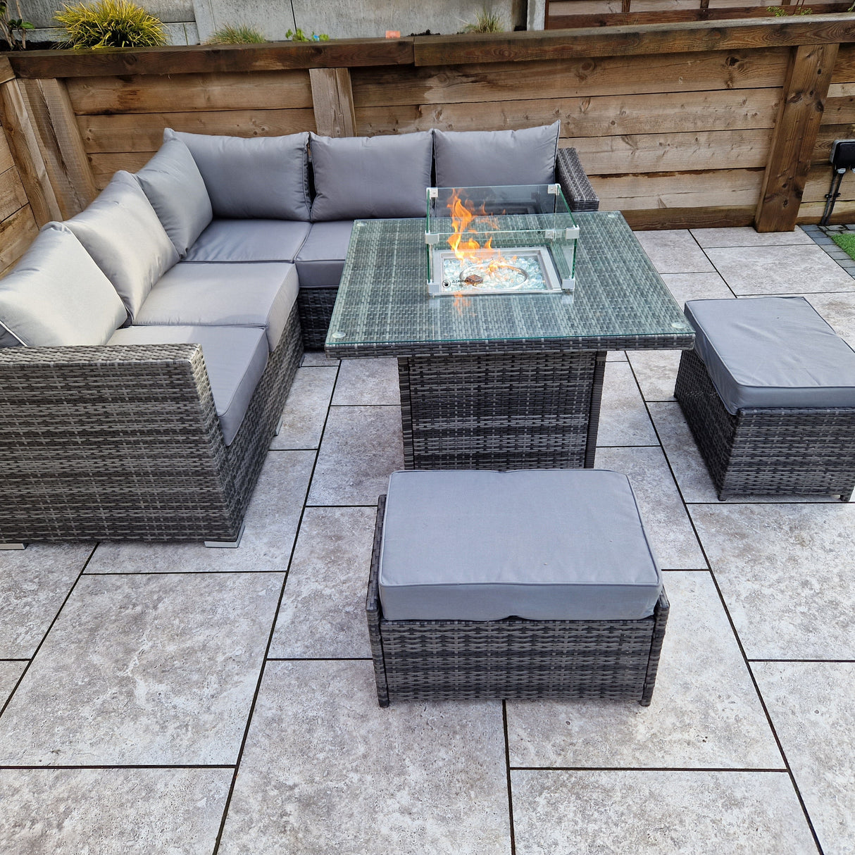 Signature Weave Georgia Six-Seat Corner Sofa Dining Set with Gas Firepit Table and 2 Ottomans - Grey