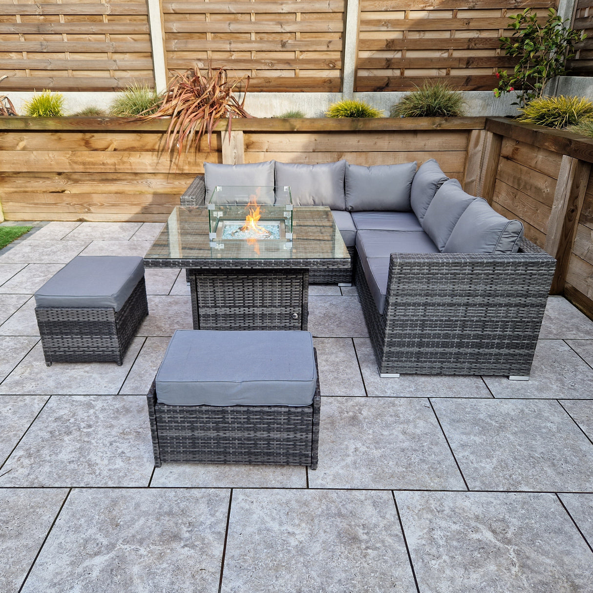 Signature Weave Georgia Six-Seat Corner Sofa Dining Set with Gas Firepit Table and 2 Ottomans - Grey
