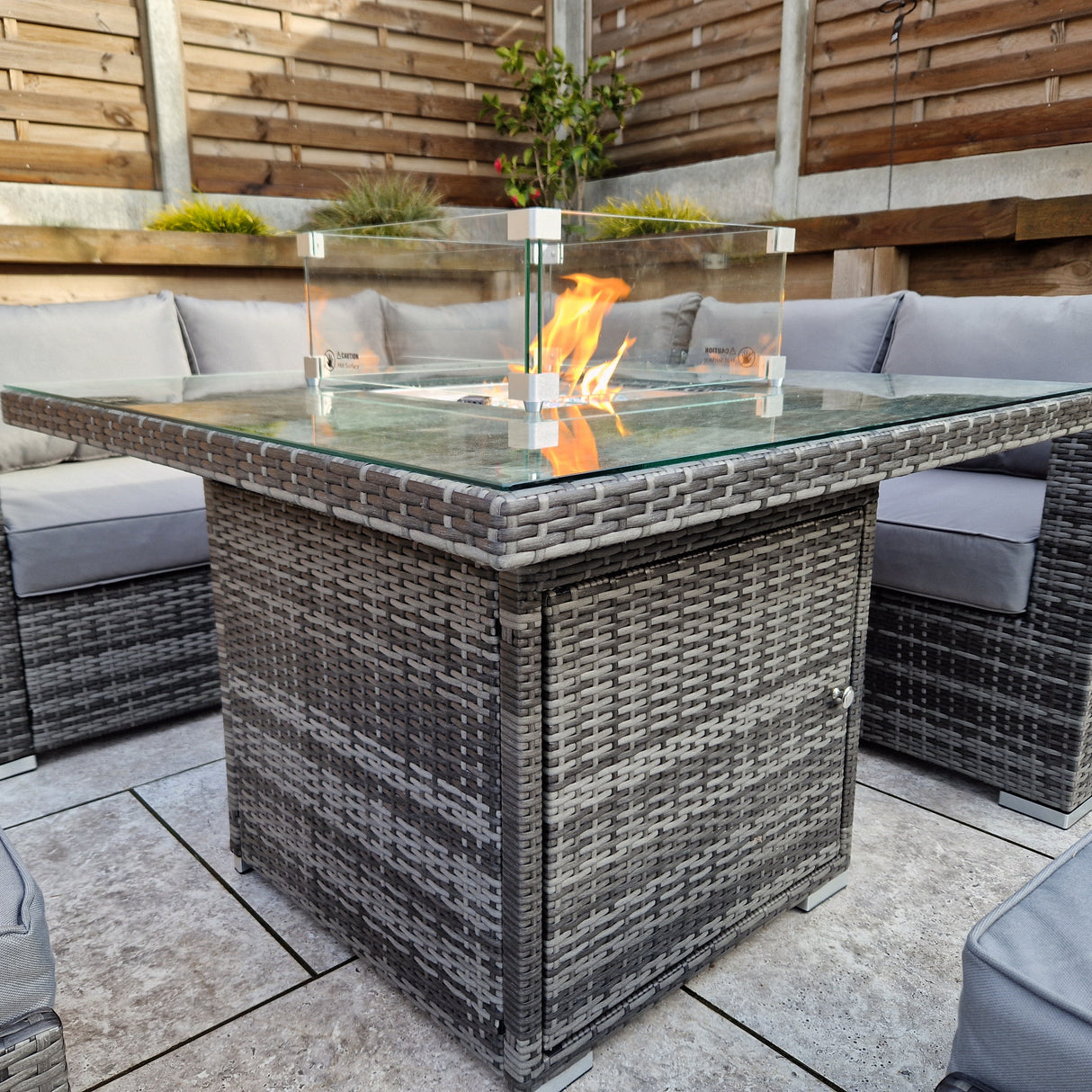 Signature Weave Georgia Six-Seat Corner Sofa Dining Set with Gas Firepit Table and 2 Ottomans - Grey