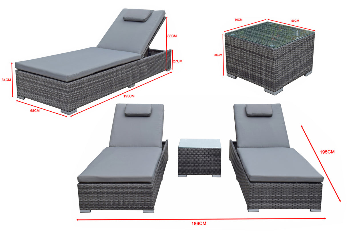 Signature Weave Jessica Pair of Sun Loungers with Glass Top Drinks Table - Nature Brown