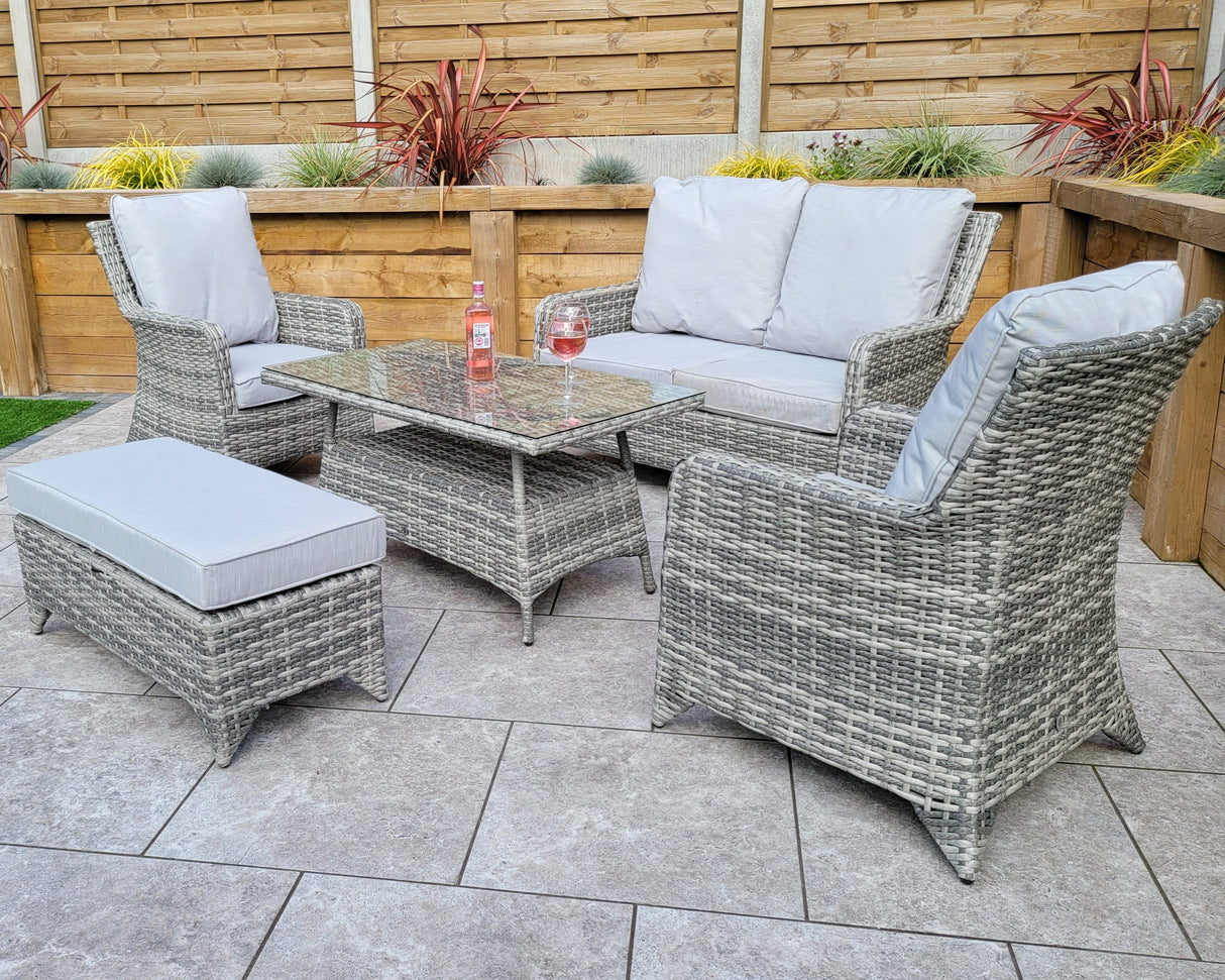Signature Weave Sarah Six-Seat Sofa Set with High Coffee Table and Ottoman Bench - Grey